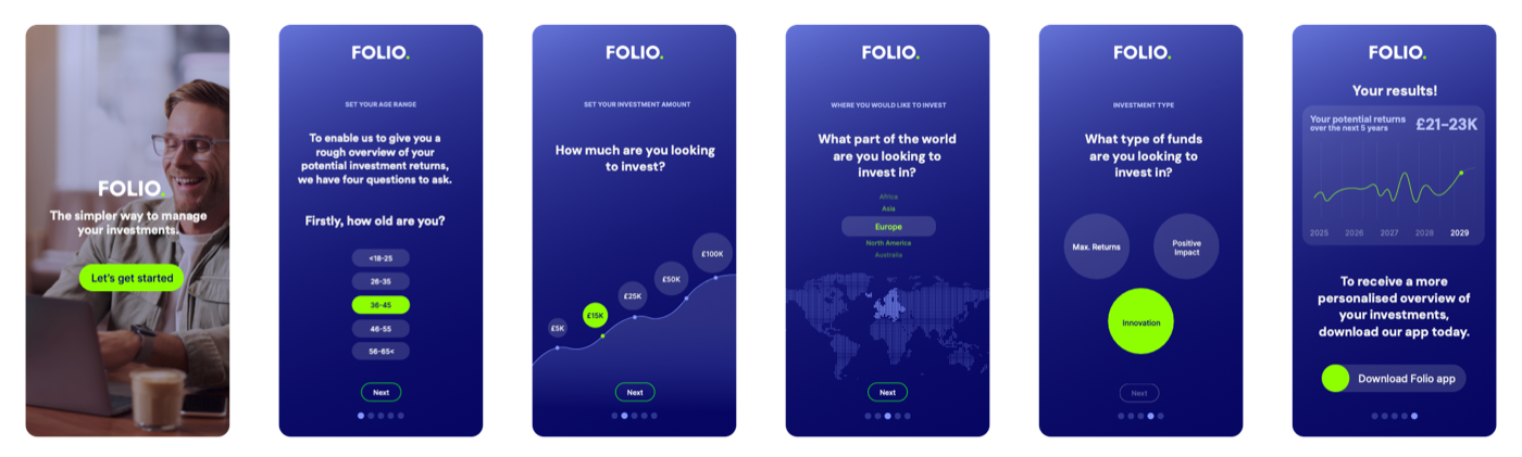 Four Folio interactive quiz screens covering age, investment amount, region and fund type