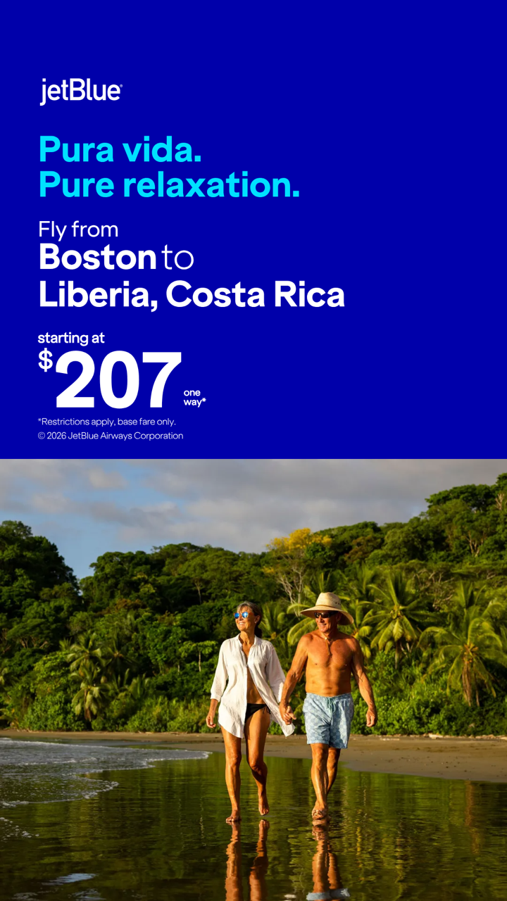 JetBlue fare advertisement from Boston to Liberia, Costa Rica